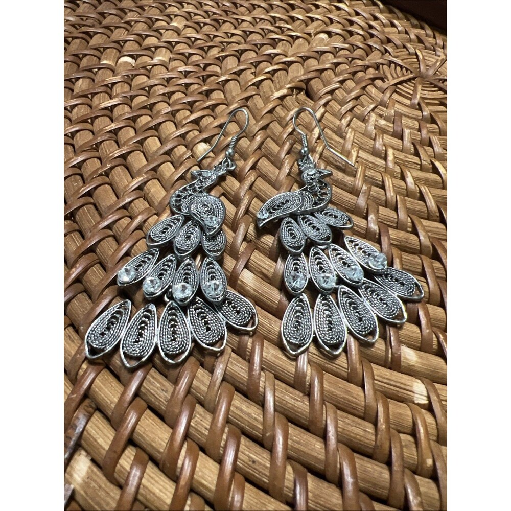 Silver Tone Metal Filagree Articulated Rhinestone  Peacock Pierced Earrings